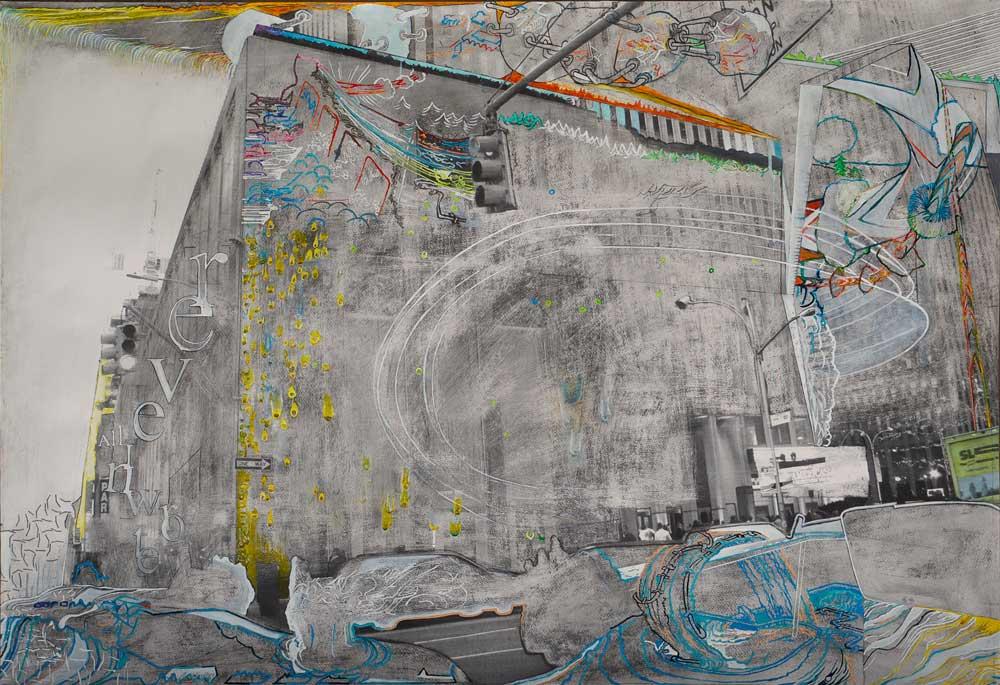 Alex Hamilton - Fox News Studios 2, pen & ink, pitt pen, gouache, charcoal pencil, airbrush on photocopy on watercolor paper, 80.9 x 117 cm, 2017