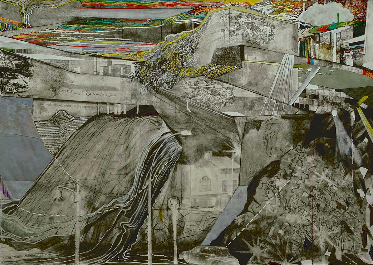 Alex Hamilton, The High Line (Manhattan), pen & ink, charcoal pencil, airbrush, pit pen, gouache, photocopy, paper cut-outs on  Canson165 Grm watercolour paper  83.7 x 118.7 cm, 2016