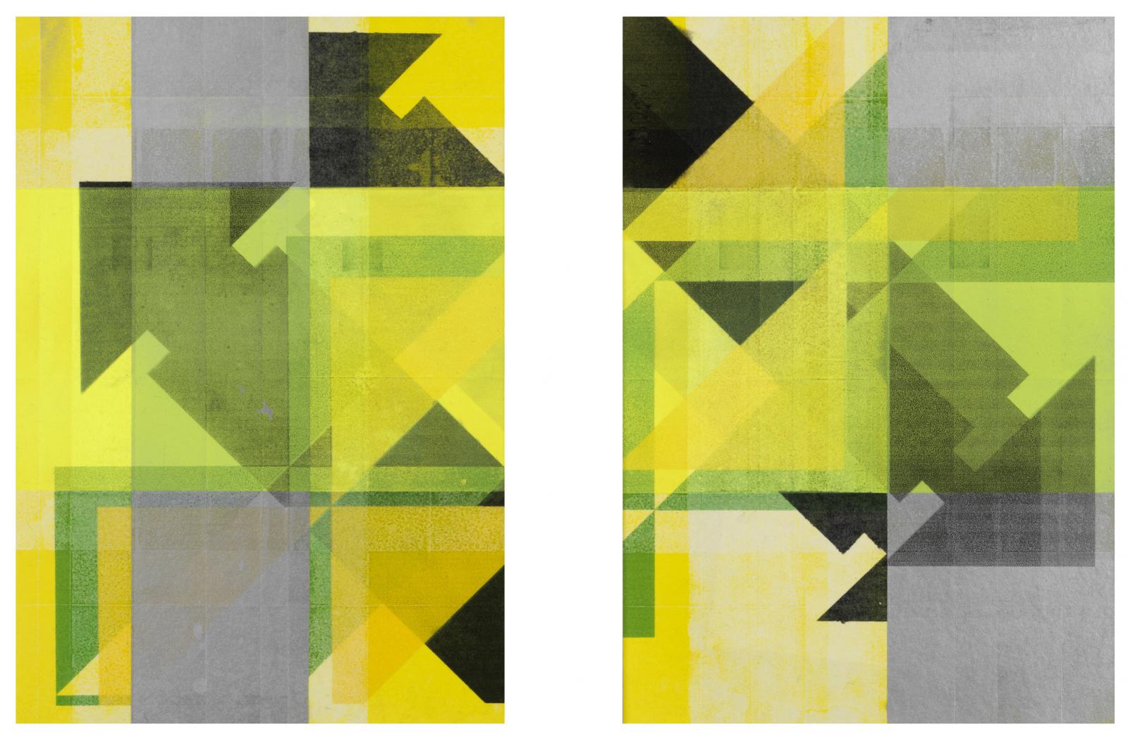 Jyll Bradley, Fingers (diptych), Spray paint & photocopy on coloured carbon paper hot mounted on aluminium, 31 x 22 x 4 cm each, 2022