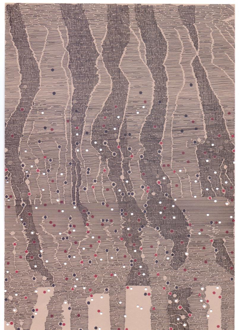 Károly Keserü, Untitled (2303231), Grace Jones on the Aurora Warship, Ink on paper + holes, 30 x 21 cm, 2023