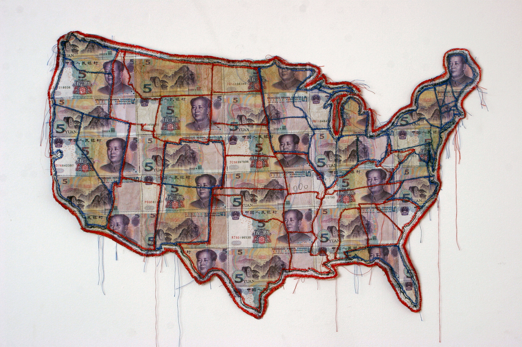 Susan Stockwell, America - An Imperial State, Chinese Yuan currency notes & cotton thread, 82 x 63 x 5 cm, 2010