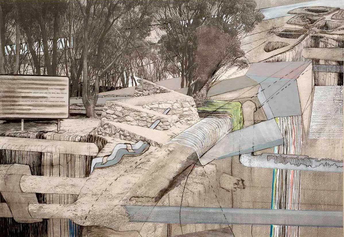 Alex Hamilton, Monument to a poet, the town of Nhil, pen & ink, charcoal pencil, pastel, airbrush, pitt pen & Gouache on photocopy on archival paper, 41.5 x 58.8 cm, 2015