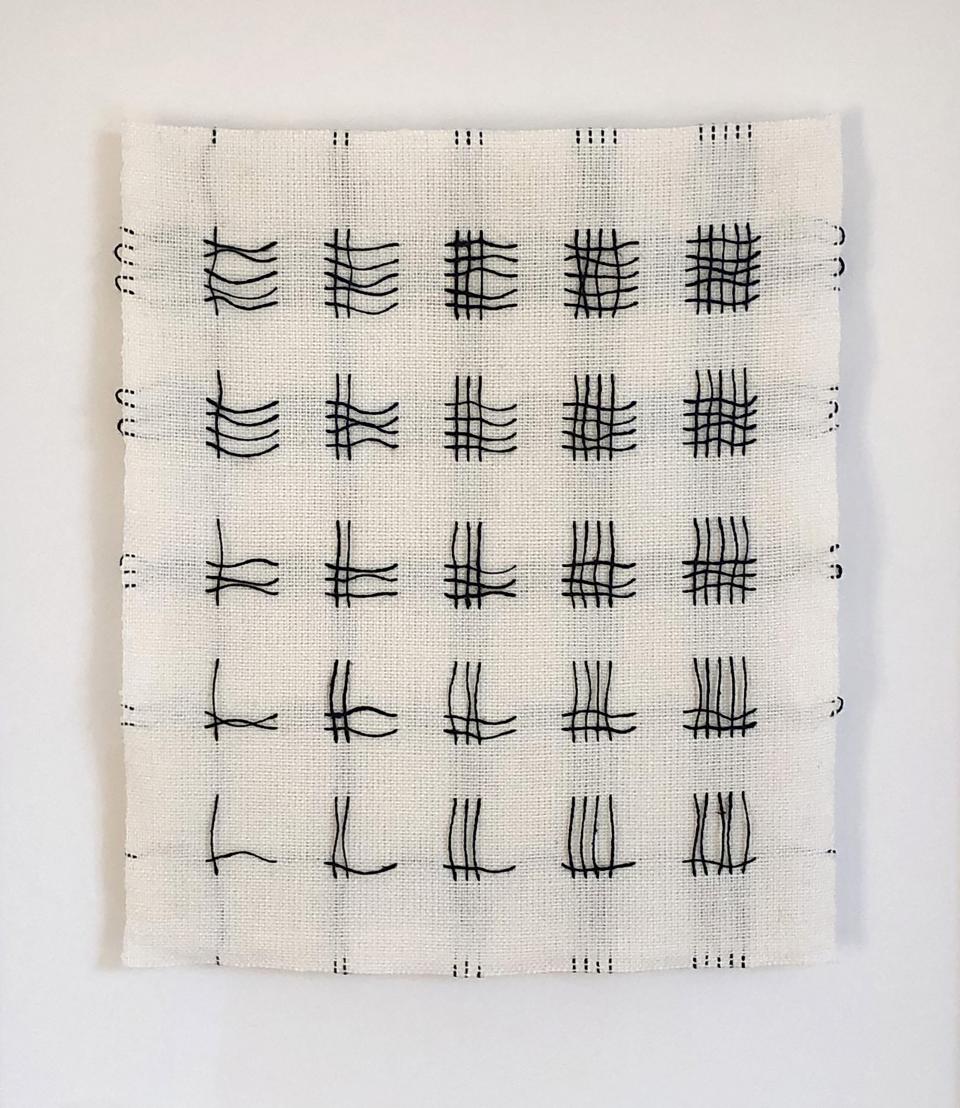 Ann Sutton, One to Five, Both Ways (Serial Woven Studies), Handwoven linen, warp and weft, 28 x 23.5 cm, Edition of 12, 1986