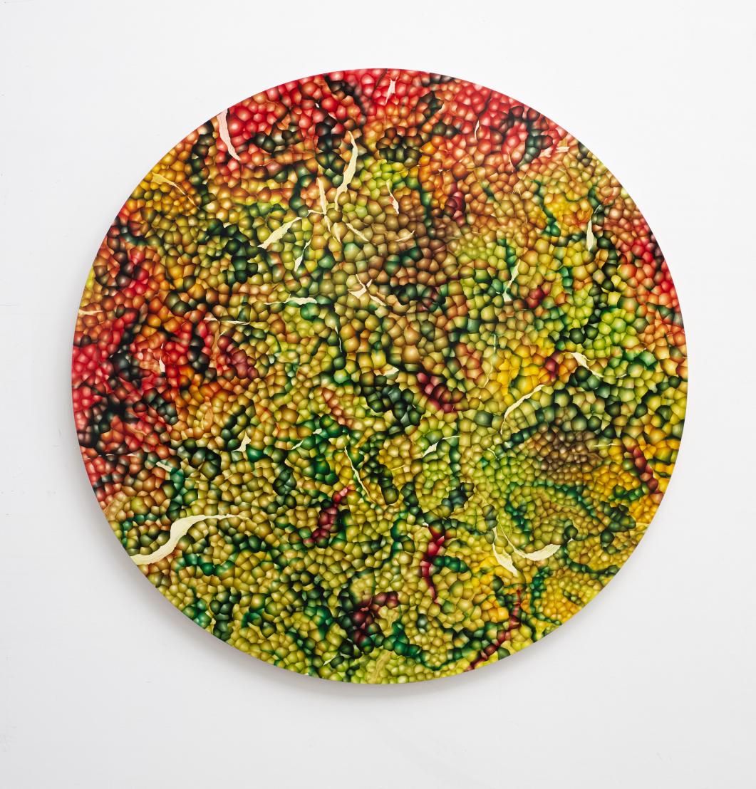 Andy Harper, Disco Devil, Oil on board, D 120 cm, 2025