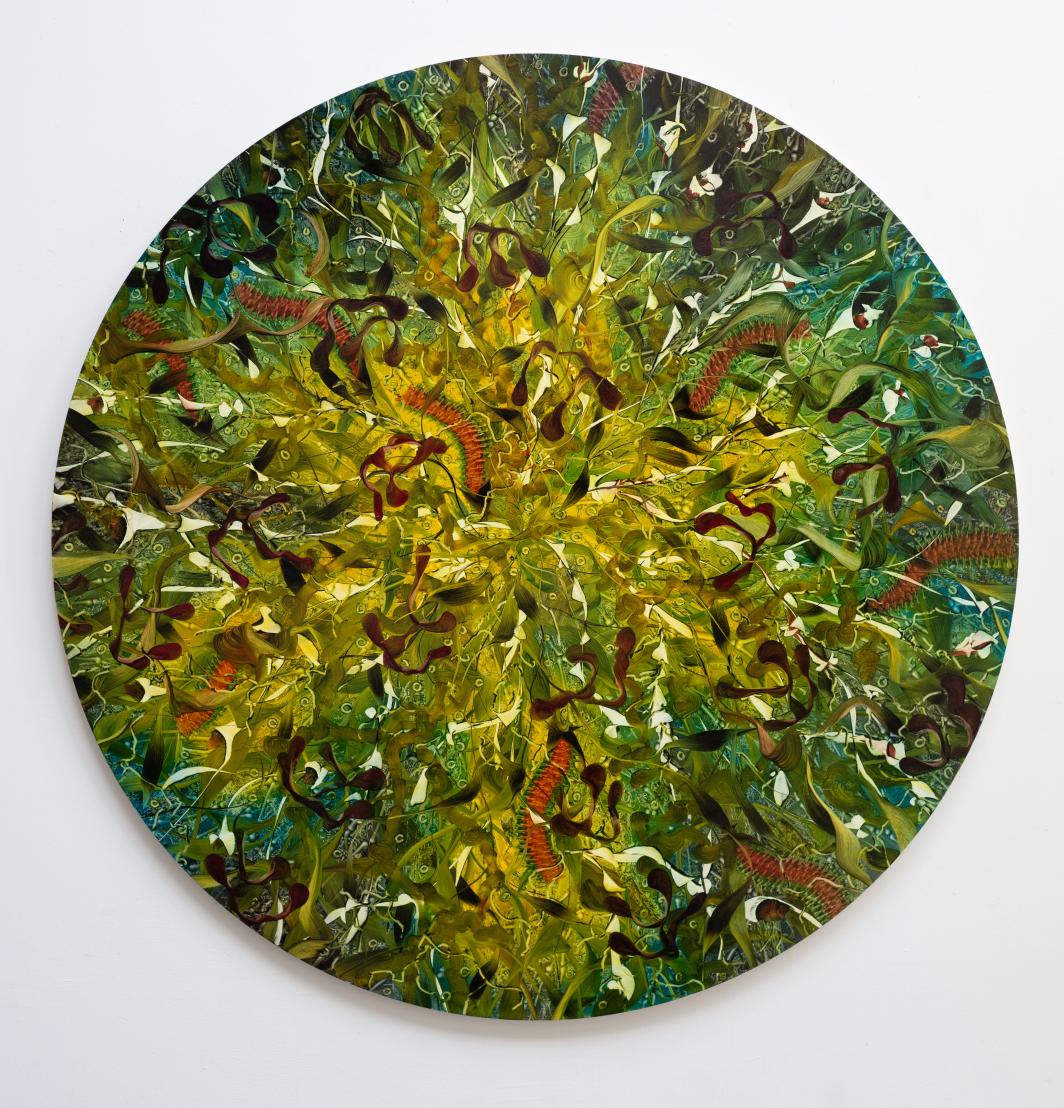 Andy Harper, Exotic Matter, Oil on board, D 120 cm, 2025
