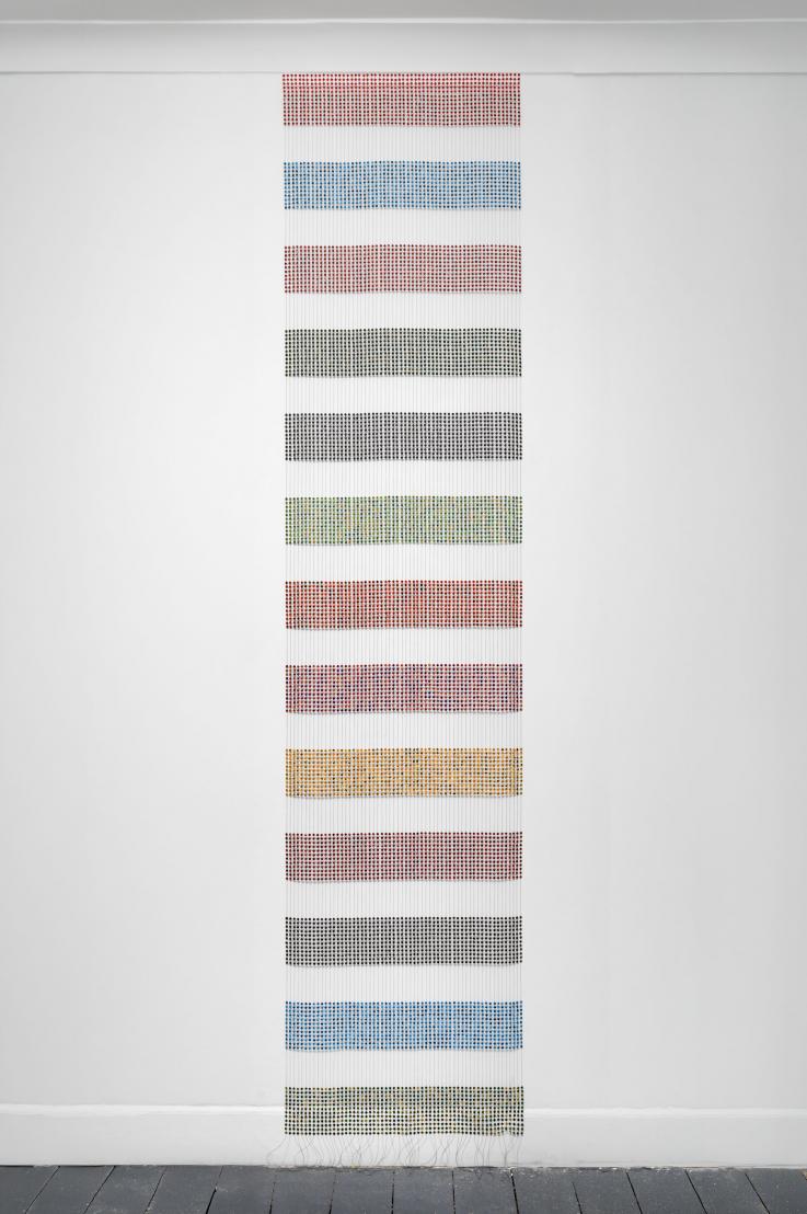 Bonolo Kavula, 'Colour Study', Punched shweshwe, thread and oak wood, 270 x 59 x 1.5 cm, 2025
